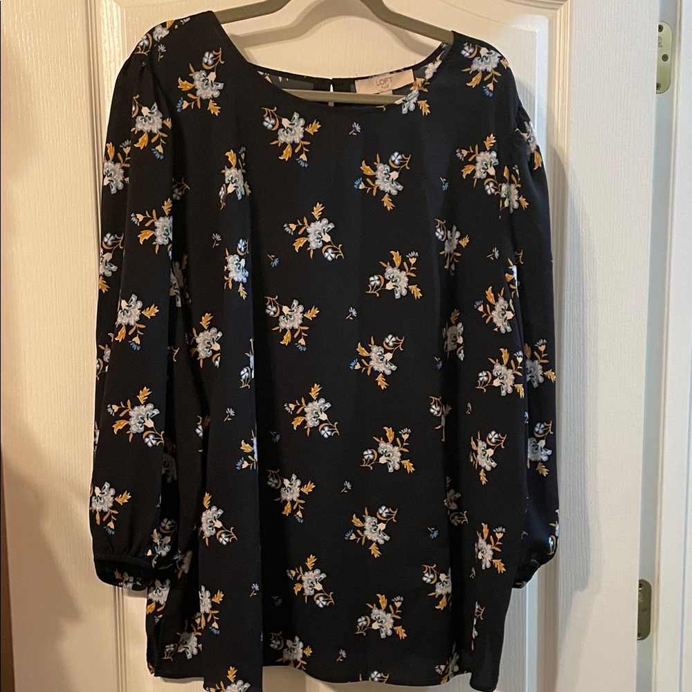 LOFT Navy Floral Print Blouse